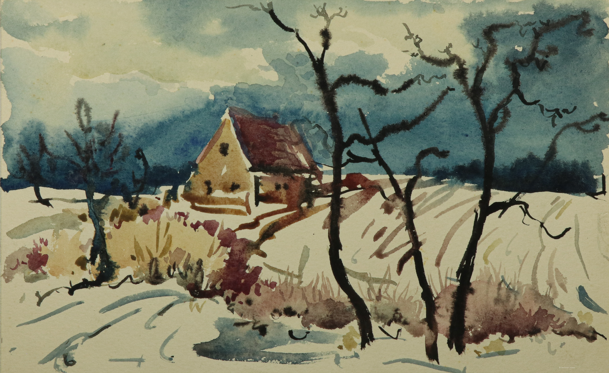 Haus am Dorfrand im Winter